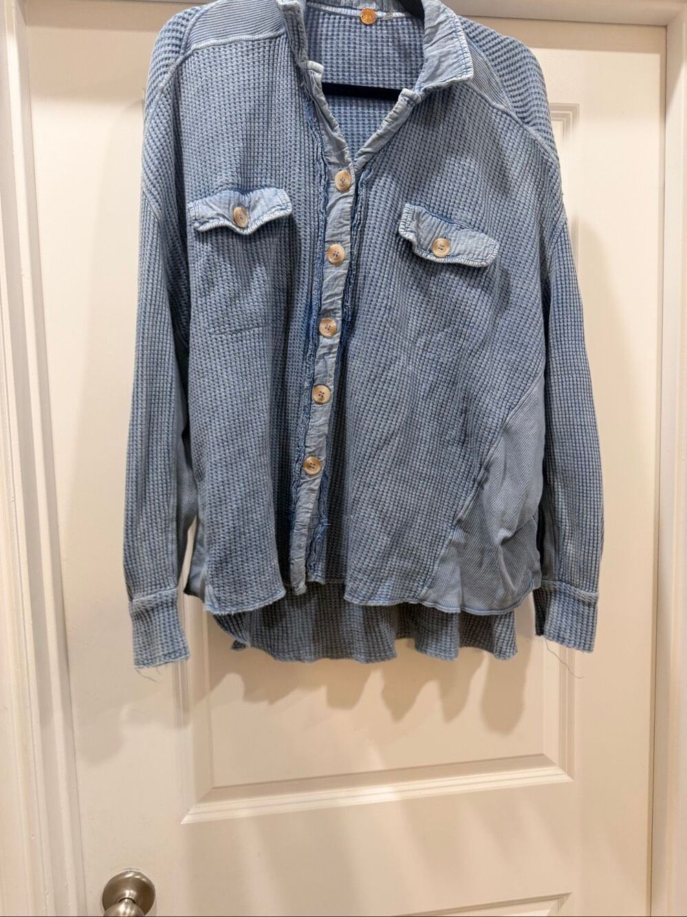 Free People Blue Button Down Denim Long Sleeve Shirt Pocket Utility Top Size XS